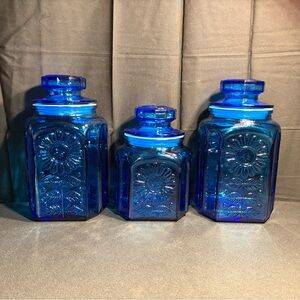 Wheaton Cobalt Blue Glass Canister Trio – Decorative “Two-faced” sunflower